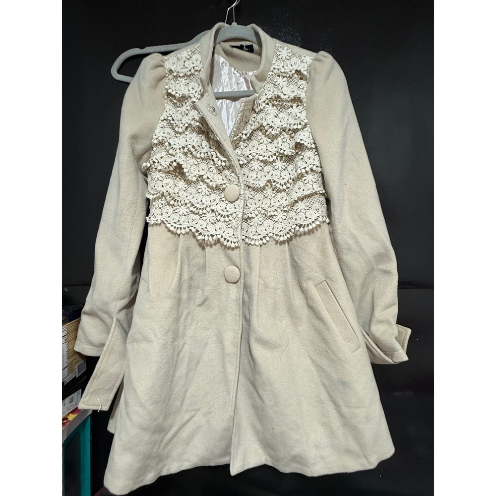 Ryu Cream Lace Overlay Pea Coat Small Vintage Inspired Romantic Victorian Boho